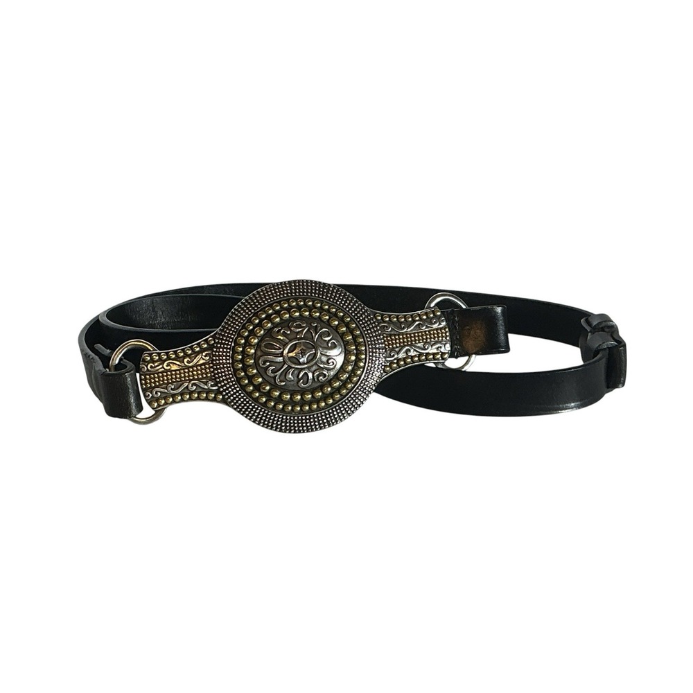 Chico's Blk Leather Adjustable Belt Lg Statement Silver & Gold Tone Hook Buckle